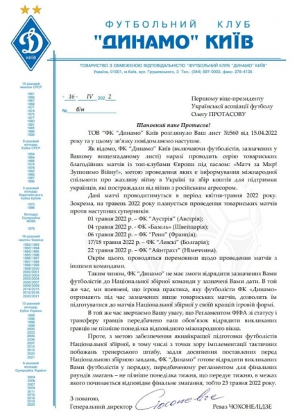 «Динамо» отказалось отпускать футболистов в сборную Украины